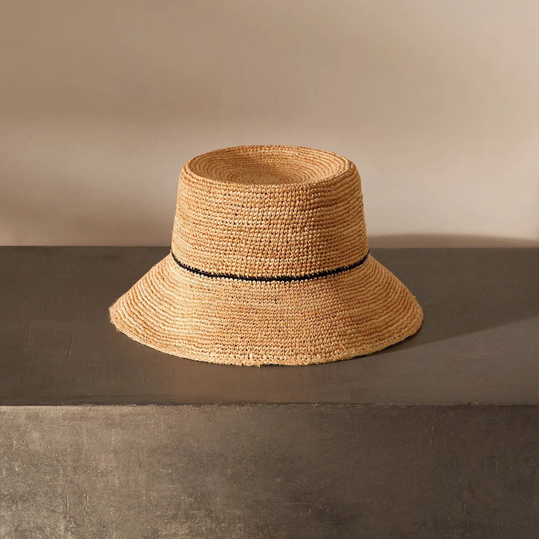 Crochet Bucket Hat with Black Stripe - Natural/Black Stripe