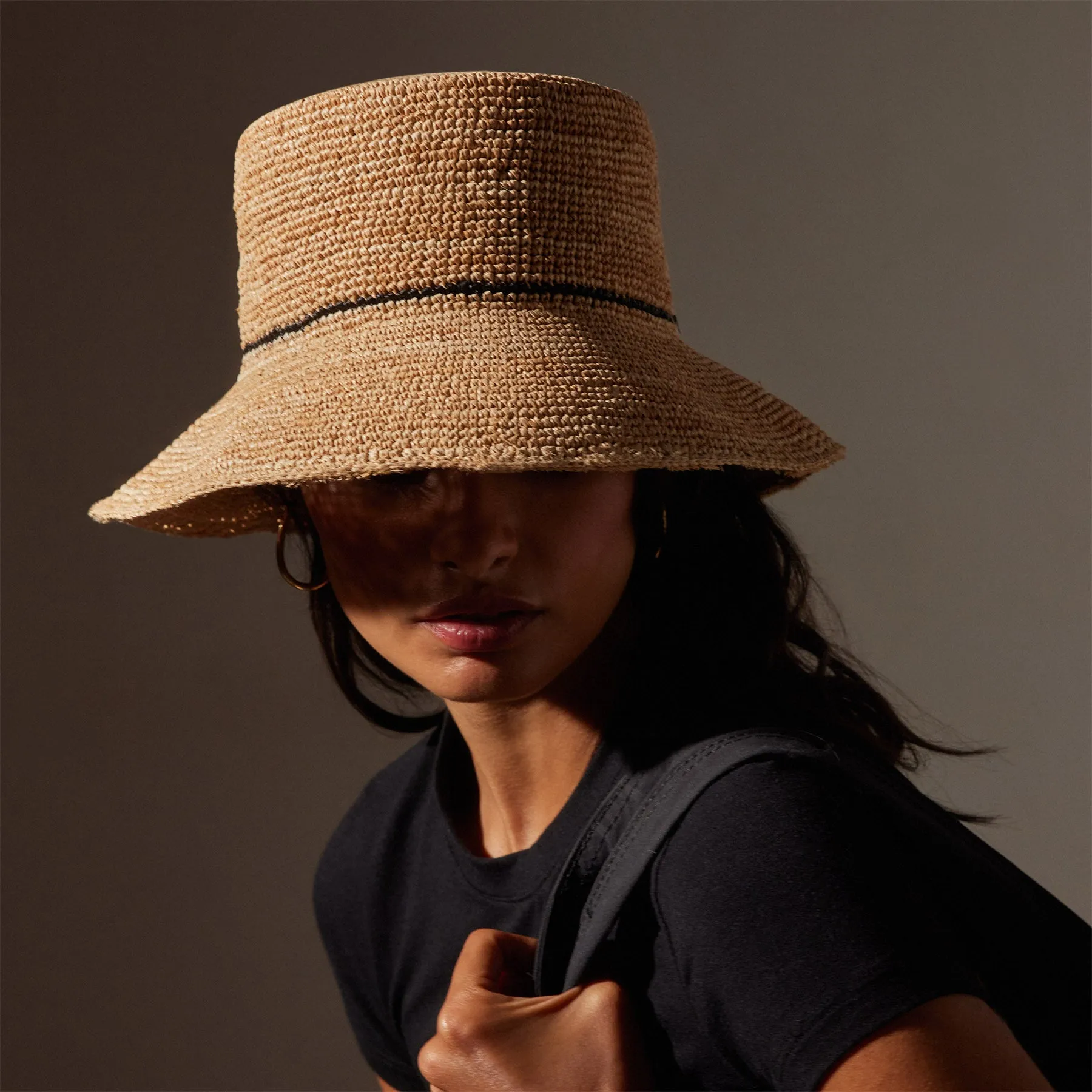Crochet Bucket Hat with Black Stripe - Natural/Black Stripe