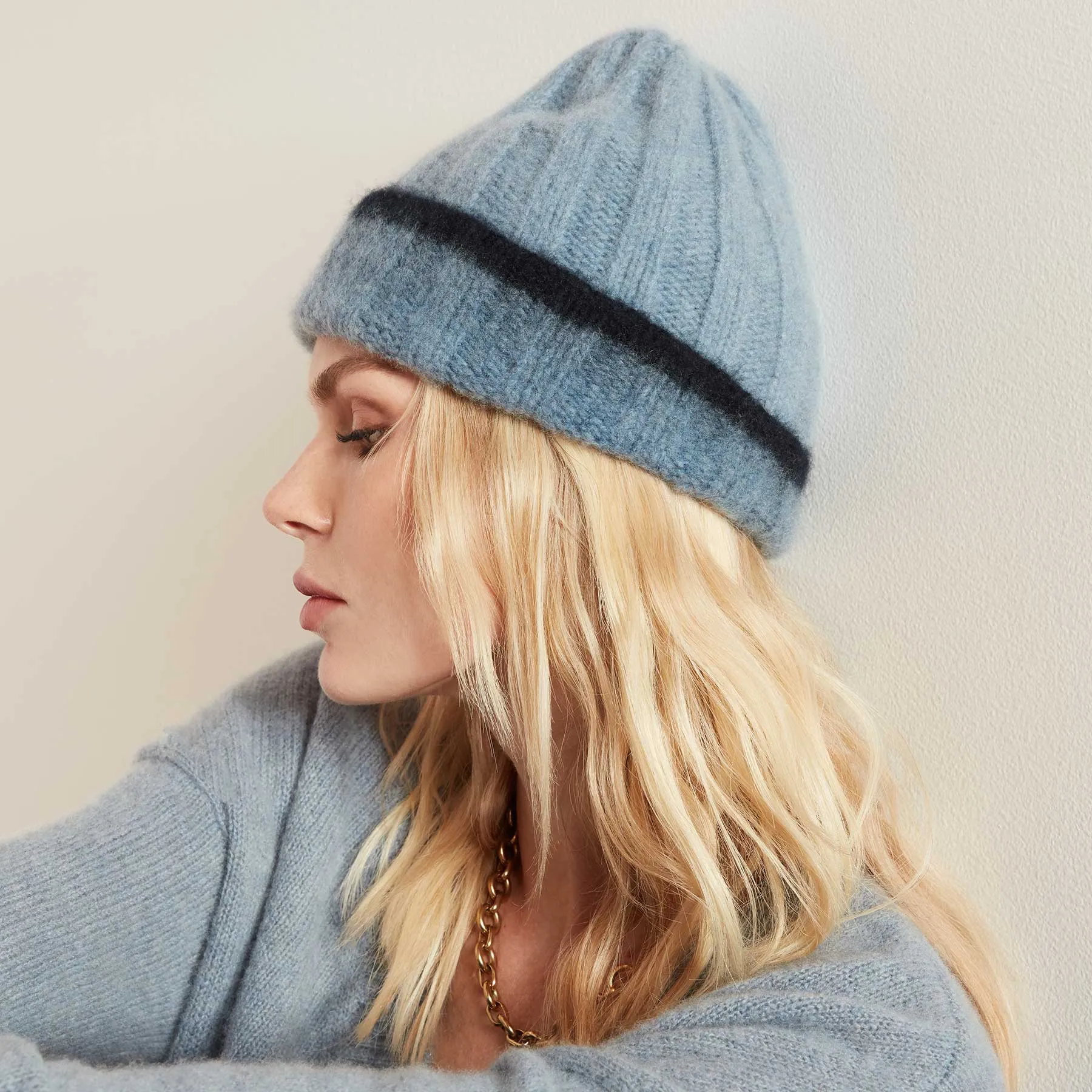 Dip Dye Cashmere Beanie - Dusty Sky/Navy